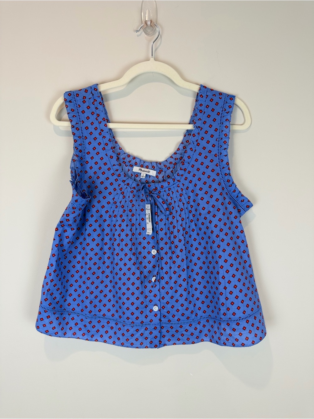 NWT Madewell Blue Sleeveless Button-Front Cottagecore Tank with Red Diamond M